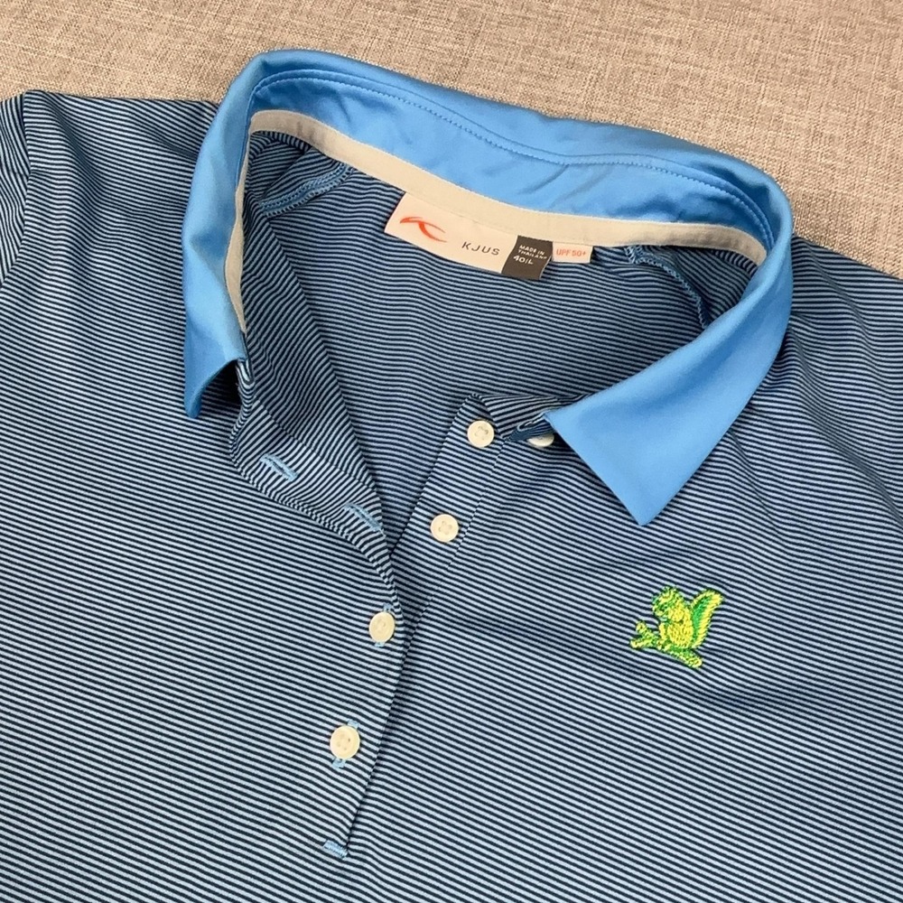 KJUS Polo Shirt Womens Large Blue Striped Short Sleeve UPF 50 Oakmont Golf